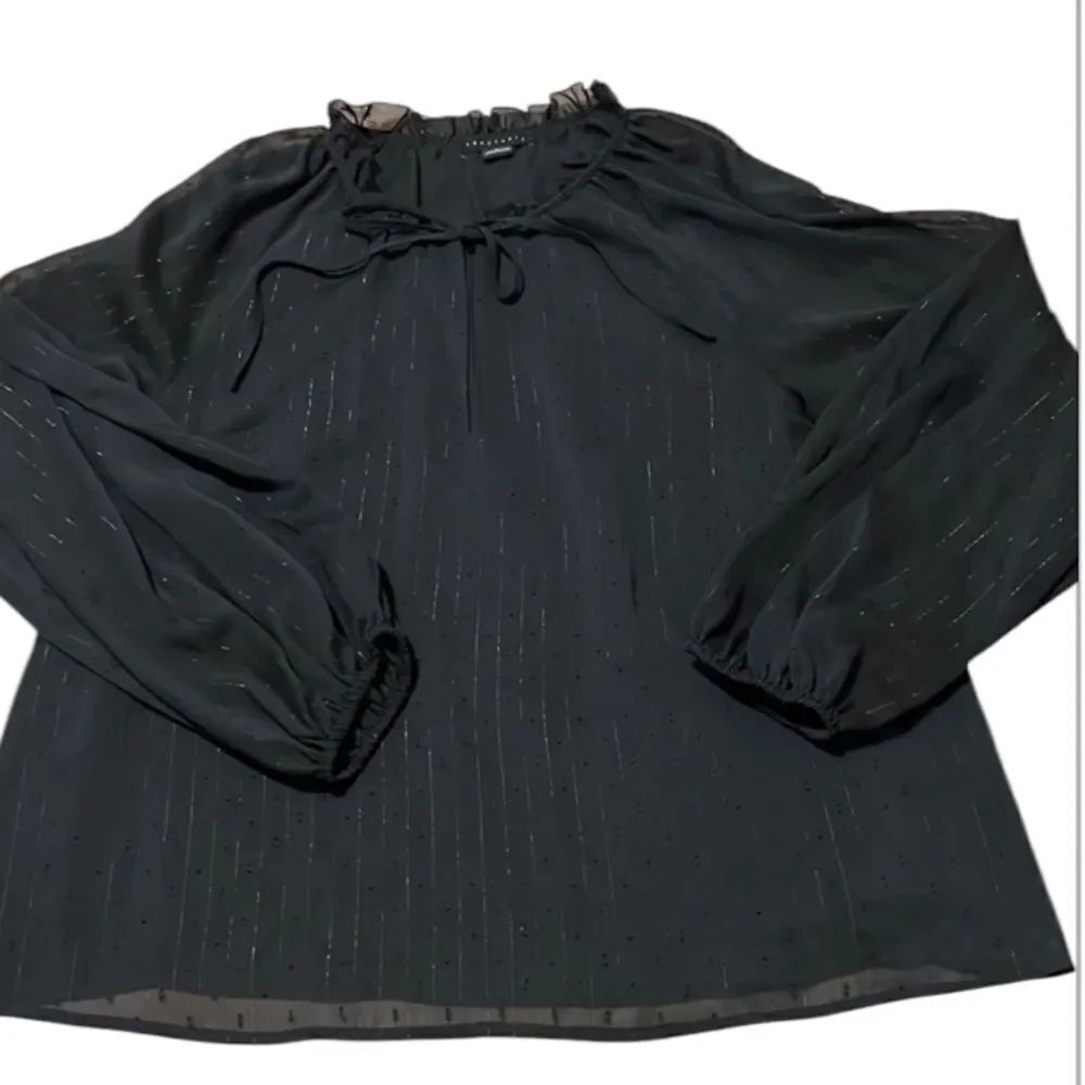 Sanctuary szXL black sheer LS blouse ties at neck Swiss dots/silver threads EUC